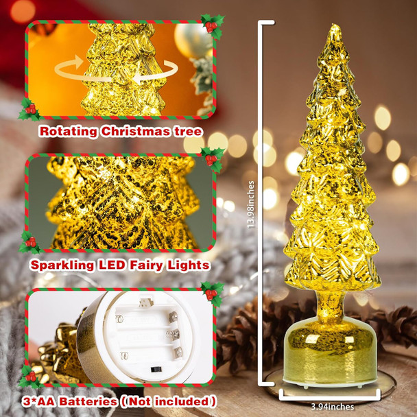 Mercury Glass Christmas Tree Decor, Rotating Glass Christmas Trees for Tabletop, Christmas Centerpiece for Tables Display Party Indoor Home Decor, Battery Operated Table Lamp with Timer (Green)