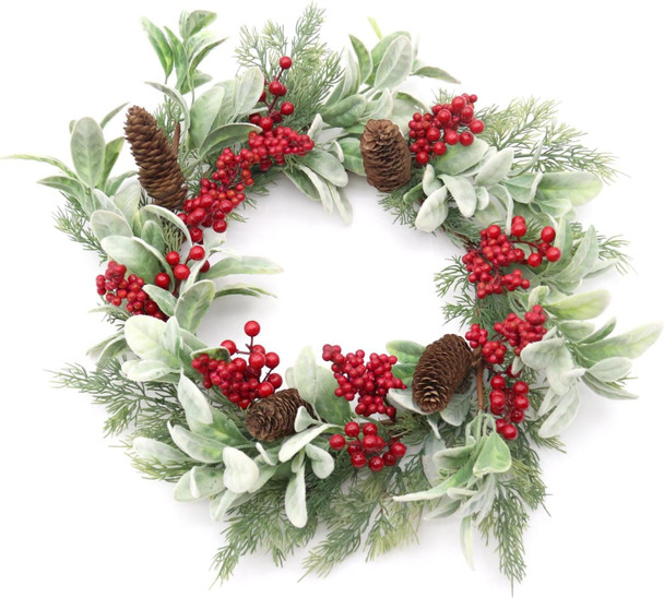 19 inch Artificial Christmas Wreath for Front Door Winter Holiday Wreath with Flocked Lambs Ear, Red Berry Clusters, Pine Needle Branches, Pinecones for Indoor Outdoor Home Wall Window Xmas Decor