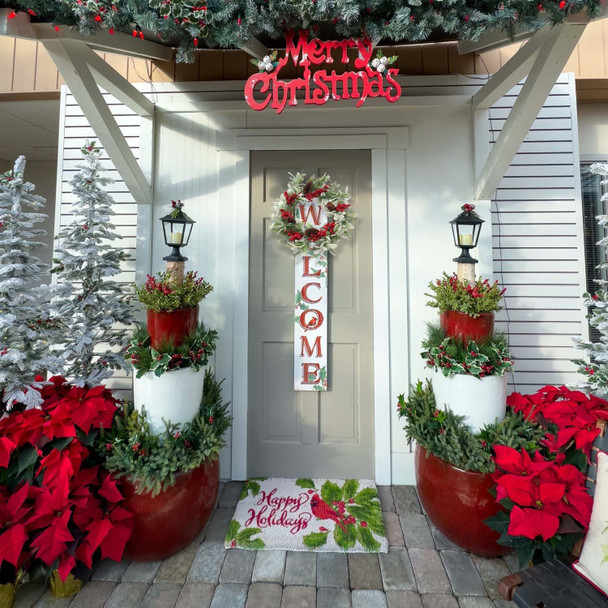 19 inch Artificial Christmas Wreath for Front Door Winter Holiday Wreath with Flocked Lambs Ear, Red Berry Clusters, Pine Needle Branches, Pinecones for Indoor Outdoor Home Wall Window Xmas Decor