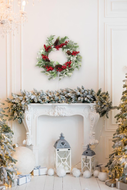 19 inch Artificial Christmas Wreath for Front Door Winter Holiday Wreath with Flocked Lambs Ear, Red Berry Clusters, Pine Needle Branches, Pinecones for Indoor Outdoor Home Wall Window Xmas Decor