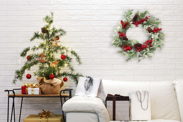 19 inch Artificial Christmas Wreath for Front Door Winter Holiday Wreath with Flocked Lambs Ear, Red Berry Clusters, Pine Needle Branches, Pinecones for Indoor Outdoor Home Wall Window Xmas Decor