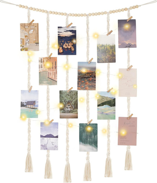 Mkono Macrame Hanging Photo Display Wall Decor with String Lights, Boho Wooden Beads Garland Collage Picture Card Frame Holder with 45 Clips for Bedroom Living Room Dorm, Teen Girls Christmas s Mkono Macrame Hanging Photo Display Wall Decor with String Lights, Boho Wooden Beads Garland Collage Picture Card Frame Holder with 45 Clips for Bedroom Living Room Dorm, Teen Girls Christmas s