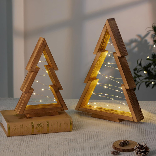 2 Pack Wooden Tabletop Christmas Trees with Lights, Modern Christmas Decorations Indoor, Farmhouse Christmas Decor Small Tree for Table Top, Mantle, Shelf (Large-14.2 in, Small-10.2 in)