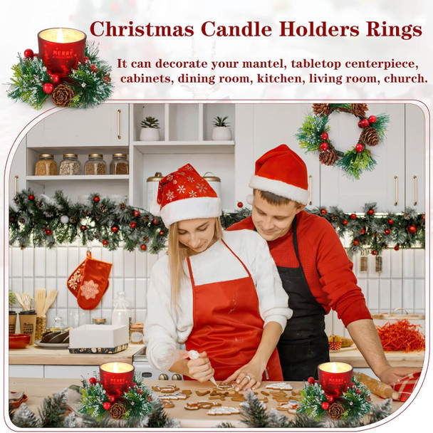 Christmas Votive Candle Holders: Candle Wreaths Rings with Red Berry and Pinecone Elk Glass Set of 4 for Christmas Home Table Centerpiece