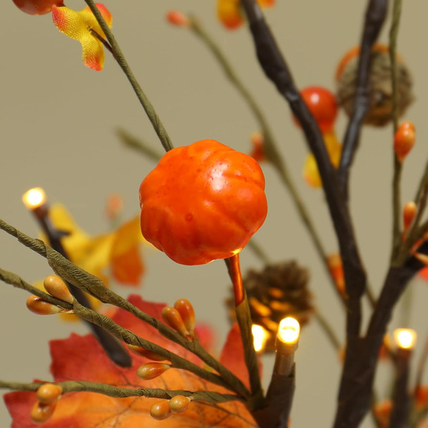 2 Pack 24 Inch Lighted Maple Trees with Pumpkins & Acorns - 24 LED Battery-Powered Fall Decorations for Home, Perfect for Thanksgiving and Harvest Table Decor