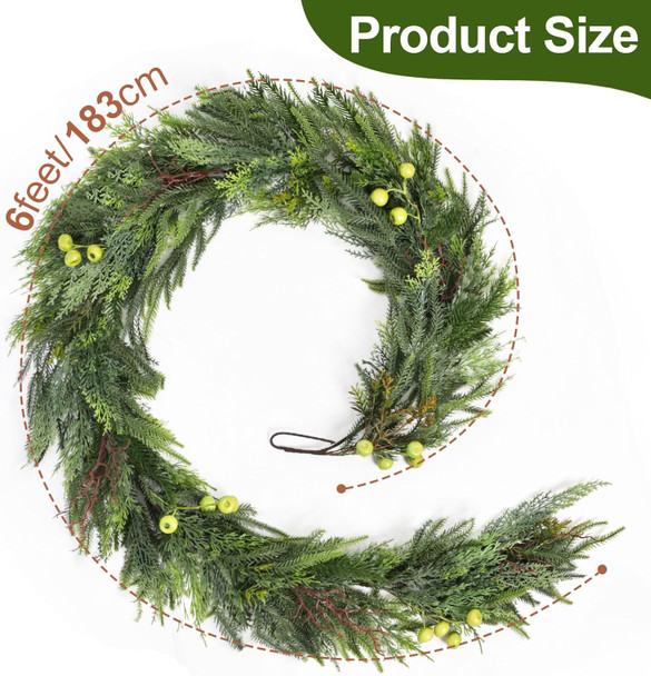 6ft Artificial Norfolk Pine Christmas Garland with Green Berries, Real Touch Winter Greenery Garland Decor for Home, Fireplace, Wall, Porch, Table, Mantle, Indoor Outdoor Decoration