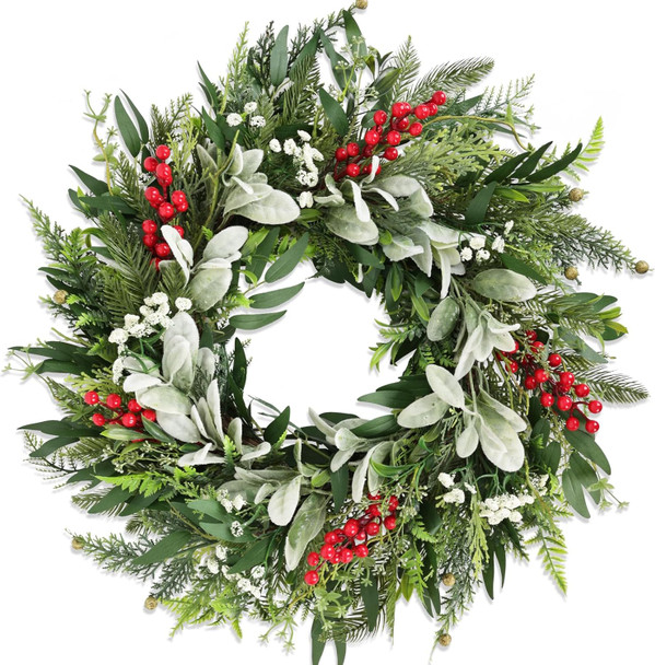 24" Realistic Christmas Wreath with Red Berries, Winter Eucalyptus Artificial Faux Evergreen Wreath Greenery Decoration for Front Door Window Home Wall Farmhouse Holiday Outdoor Indoor Décor