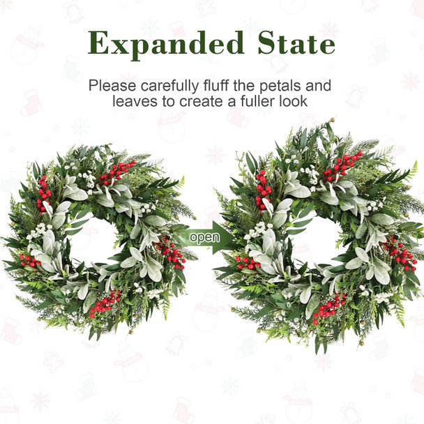 24" Realistic Christmas Wreath with Red Berries, Winter Eucalyptus Artificial Faux Evergreen Wreath Greenery Decoration for Front Door Window Home Wall Farmhouse Holiday Outdoor Indoor Décor