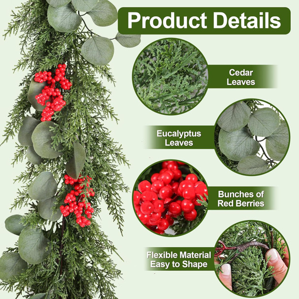6ft Artificial Christmas Cedar Garland with Eucalyptus Leaves, Red Berries Winter Greenery Garland Decor for Home, Fireplace, Wall, Porch, Table, Mantle, Indoor Outdoor Decoration