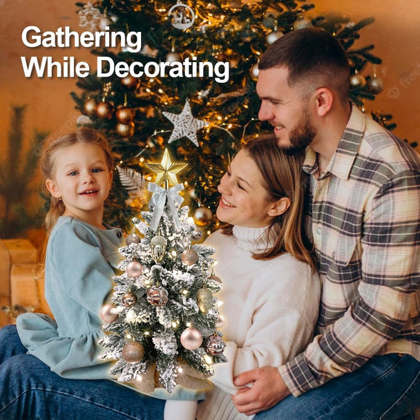 Mini Christmas Tree 2ft Tabletop Small Christmas Tree, Table Top Artificial Snow Flocked Arbol de Navidad Xmas Tree with Christmas Decorations for Home Apartment Office Desk