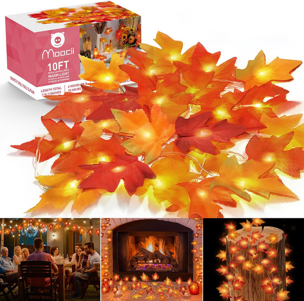Fall String Lights Thanksgiving Decorations: 6 Pack Maple Leaf Garland with Lights Total 60ft 120 LED Orange Bulbs Battery Operated Fall Decor for Home Indoor Outdoor Room Autumn Harvest Halloween