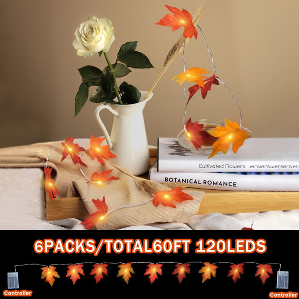 Fall String Lights Thanksgiving Decorations: 6 Pack Maple Leaf Garland with Lights Total 60ft 120 LED Orange Bulbs Battery Operated Fall Decor for Home Indoor Outdoor Room Autumn Harvest Halloween