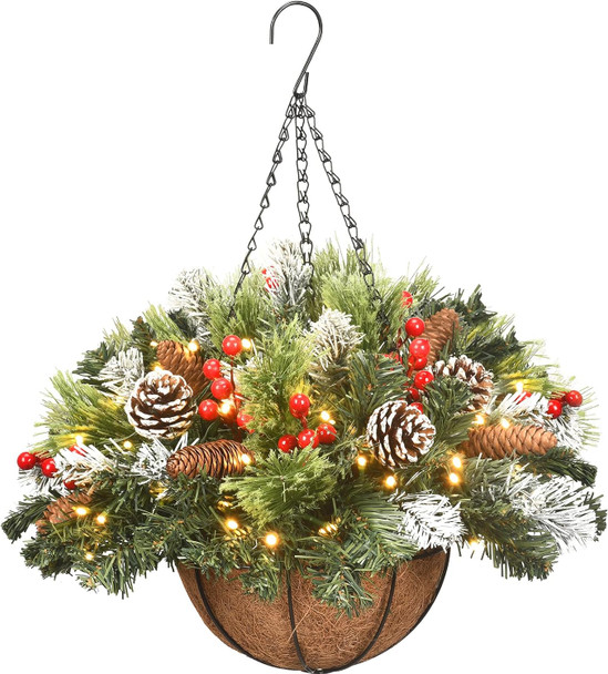 Christmas Decorations Artificial Christmas Hanging Basket, Decorated with Berry Clusters, 30 LED String Lights, Christmas Decorations for Front Porch Garden Patio Outdoor Xmas Decor, 20 Inches