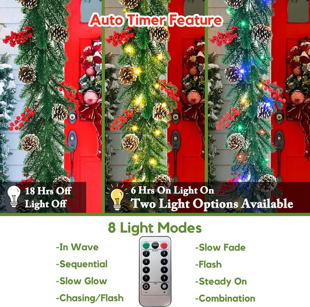 6FT Christmas Garland with Lights, Garland Christmas Decorations Artificial Prelit Christmas Garland with Timer Pine Cones Berries Outdoor Xmas Garland for Mantle Stairs Railing Fireplaces
