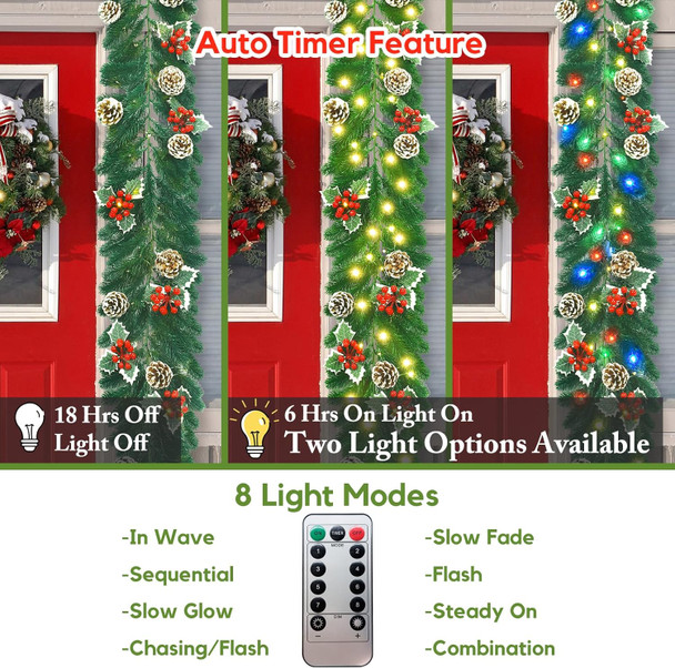 6FT Lighted Christmas Garland, Prelit Christmas Garland Indoor Outdoor Battery Operated Garland with Lights Pine Cones Berries Green Mantle Garland Christmas for Staircase Fireplaces