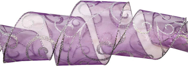 Morex Ribbon 7416.60/50-610 Swirl 2.5" X 50 YD Nylon Sheer Curling Wired Glitter Ribbon, Purple/Silver, Holiday Ribbons for Crafts and Christmas Decorations, Indoor Christmas Ribbon for Wrapping