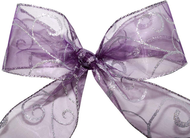 Morex Ribbon 7416.60/50-610 Swirl 2.5" X 50 YD Nylon Sheer Curling Wired Glitter Ribbon, Purple/Silver, Holiday Ribbons for Crafts and Christmas Decorations, Indoor Christmas Ribbon for Wrapping