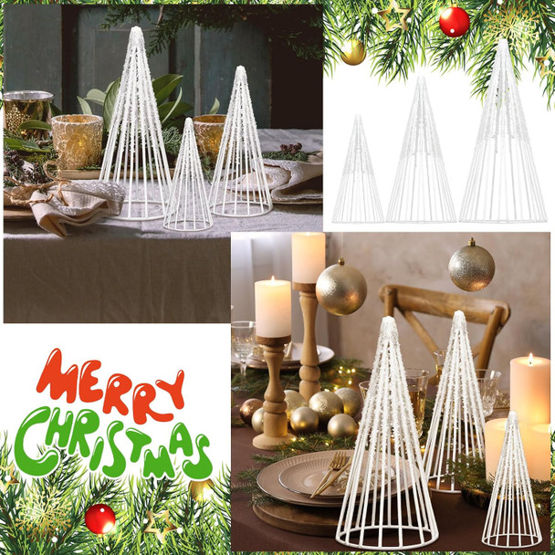 3 Pcs Christmas Cone Trees Metal White Christmas Tree Decorations 6, 8, 10 Inch Snowflake Christmas Tabletop Centerpiece Decoration for Xmas Holiday Desktop Table Party
