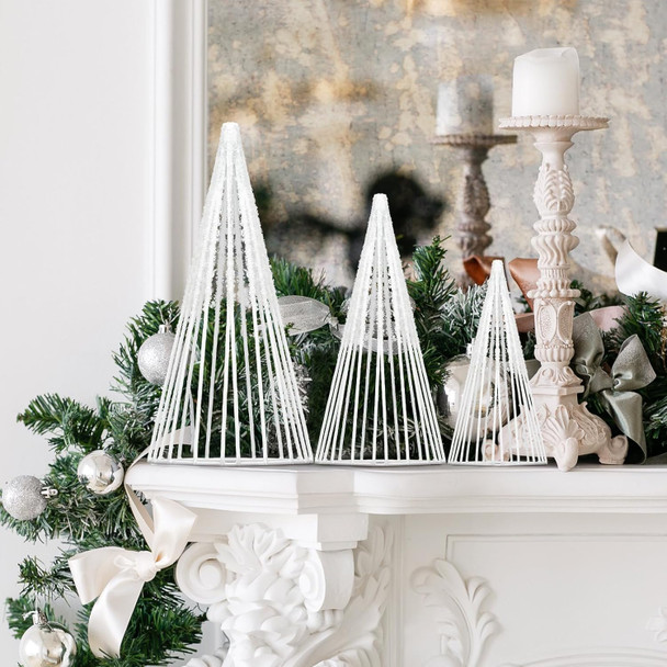 3 Pcs Christmas Cone Trees Metal White Christmas Tree Decorations 6, 8, 10 Inch Snowflake Christmas Tabletop Centerpiece Decoration for Xmas Holiday Desktop Table Party