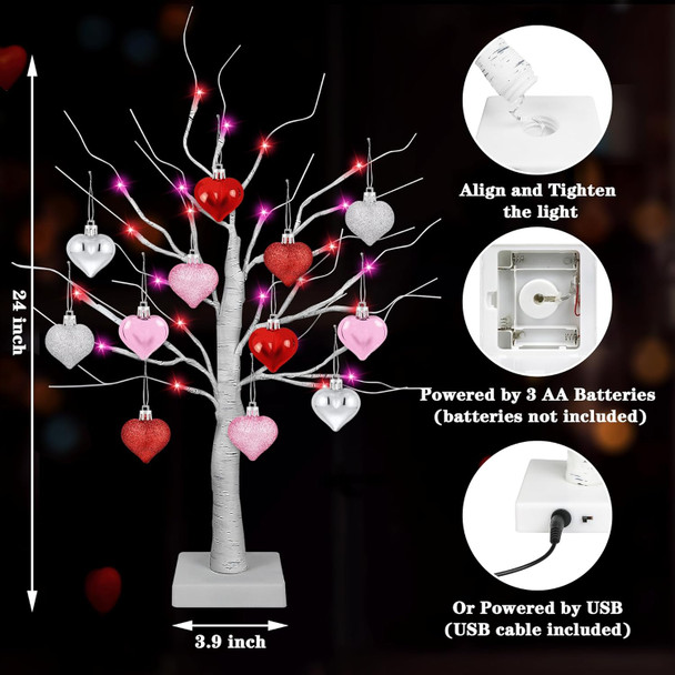 [Timer] 2 Pack 24 Inch Valentines Day Decor Tree with 24 Red Pink LED Lights and Heart Ornaments, USB/Battery Operated Valentines Decoration Tree Light, Valentines Day Decorations Home Table Bedroom