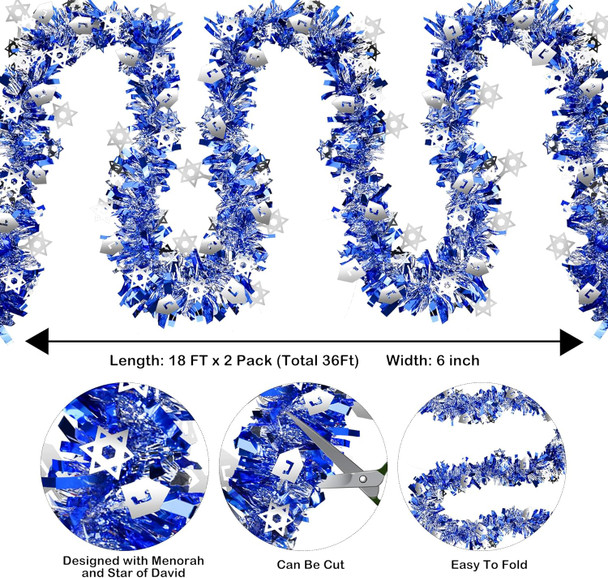 2 Pack Hanukkah Decorations, 36 Ft by 6 Inch Hanukkah Tinsel Garland with Dreidel Star of David Silver Ornaments Blue Metallic Streamers, Indoor Outdoor Chanukah Decorations Home Party Supplies
