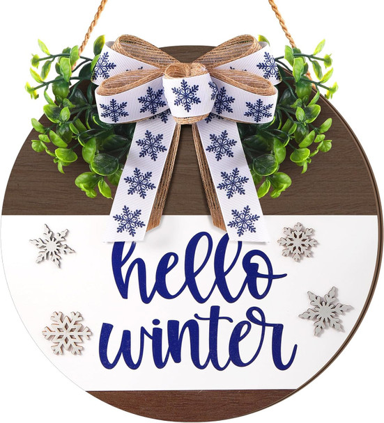 Hello Winter Door Sign for Front Porch Winter Wooden Hanging Wreath Sign Christmas Door Hanger Welcome Navy Blue Sign with Bow Farmhouse Winter Sign for Christmas Home Front Porch Decor