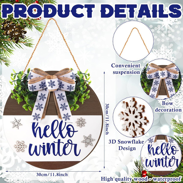 Hello Winter Door Sign for Front Porch Winter Wooden Hanging Wreath Sign Christmas Door Hanger Welcome Navy Blue Sign with Bow Farmhouse Winter Sign for Christmas Home Front Porch Decor