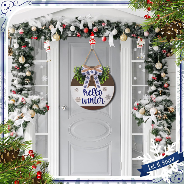 Hello Winter Door Sign for Front Porch Winter Wooden Hanging Wreath Sign Christmas Door Hanger Welcome Navy Blue Sign with Bow Farmhouse Winter Sign for Christmas Home Front Porch Decor
