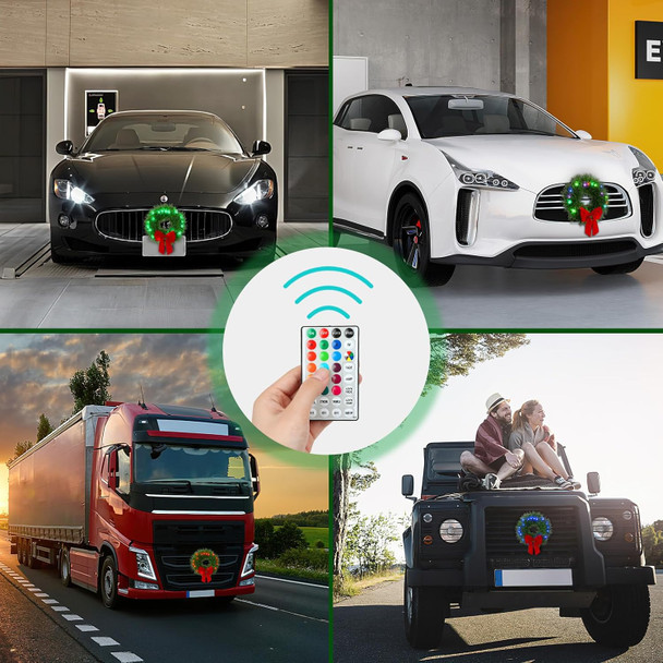 moveland RGB LED Christmas Car Wreath - 16 Colors Changeable Car Artificial Wreath with Remote Control - 12V Plug-in Wreath Lighting with Red Bow - Christmas Car Decoration