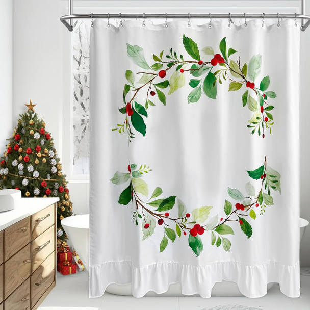 Mrs Awesome Christmas Shower Curtain for Bathroom Wreath Pattern Water Repellent Printed Fabric Shower Curtain, Festive Holiday Decoration for Bathroom, White, 72 x 72 inch