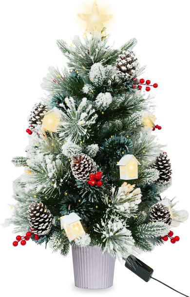 3FT Christmas Tree with 12cm Top Star, Artificial Flocked Fiber Optic Christmas Tree with 60 Mixed Branch Tips & 9White House & 12Red Berry and Big Pinecone String for Indoor Outdoor 3FT Christmas Tree with 12cm Top Star, Artificial Flocked Fiber Optic Christmas Tree with 60 Mixed Branch Tips & 9White House & 12Red Berry and Big Pinecone String for Indoor Outdoor