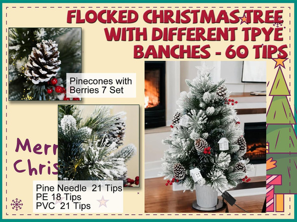 3FT Christmas Tree with 12cm Top Star, Artificial Flocked Fiber Optic Christmas Tree with 60 Mixed Branch Tips & 9White House & 12Red Berry and Big Pinecone String for Indoor Outdoor 3FT Christmas Tree with 12cm Top Star, Artificial Flocked Fiber Optic Christmas Tree with 60 Mixed Branch Tips & 9White House & 12Red Berry and Big Pinecone String for Indoor Outdoor