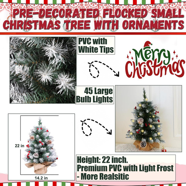 Mini Christmas Tree 2FT with Lights丨White Tabletop Christmas Tree with Flocking Snow Frost Tips Berries Wood Base with Burlap 55CM Small Xmas Pine Tree for Holiday Home Decoration Mini Christmas Tree 2FT with Lights丨White Tabletop Christmas Tree with Flocking Snow Frost Tips Berries Wood Base with Burlap 55CM Small Xmas Pine Tree for Holiday Home Decoration