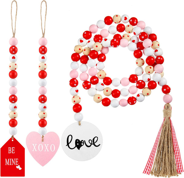 3 Pieces Valentine's Day Wood Bead Garland with Tassel Valentine Tiered Tray Decor 59 inch Rustic Farmhouse Wooden Bead with Jute Rope Wood Beads for Party Valentine's Day Present Home Decors