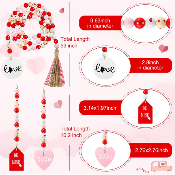 3 Pieces Valentine's Day Wood Bead Garland with Tassel Valentine Tiered Tray Decor 59 inch Rustic Farmhouse Wooden Bead with Jute Rope Wood Beads for Party Valentine's Day Present Home Decors