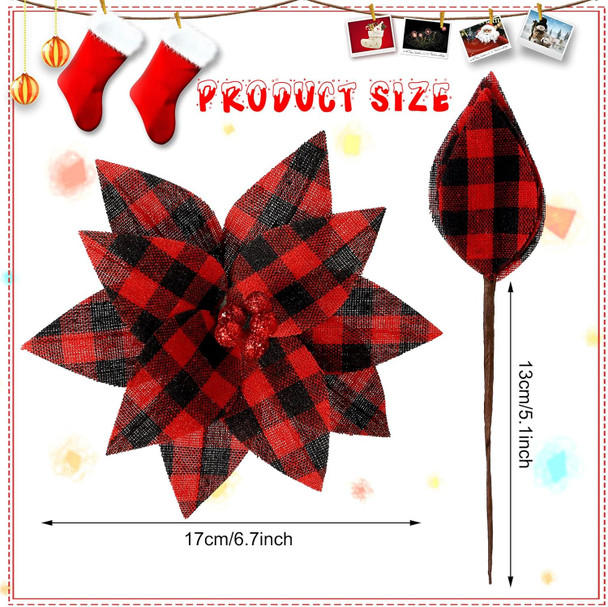 MTLEE 20 Pieces Buffalo Plaid Poinsettias Christmas Tree Ornaments Artificial Christmas Flowers Christmas Poinsettias for Rustic Christmas Tree Wreaths Garland Holiday Decorations (Black and Red)