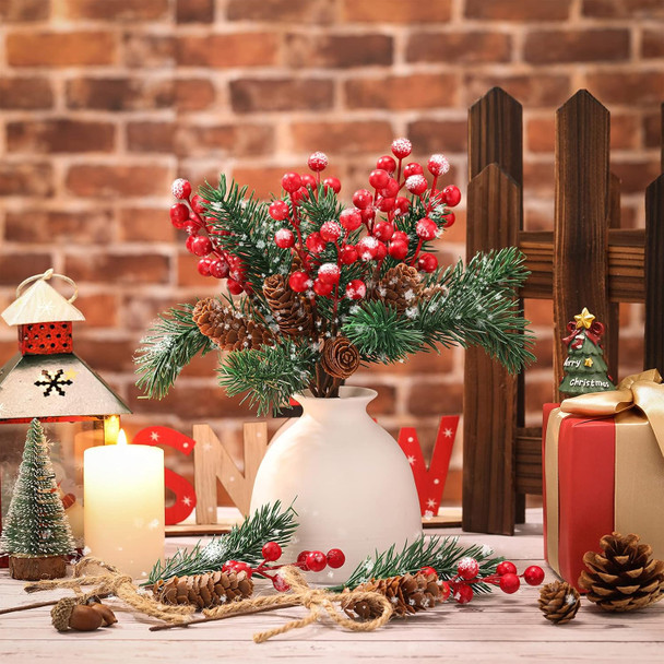 MTLEE 12 Pieces 9.8 Inch Artificial Christmas Tree Picks Berry Pine Branches Christmas Floral Picks Pine Cone and Leaves Stems for Christmas Tree Wreath Garland Decor