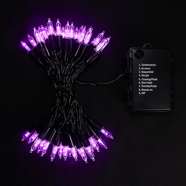 Battery Operated Halloween Lights 2 Pack 18.3Ft 50 LED Purple Mini String Lights 9 Functions Black Wire Purple Halloween Tree Lights for Wreath Crafts Indoor Outdoor Festive Lights
