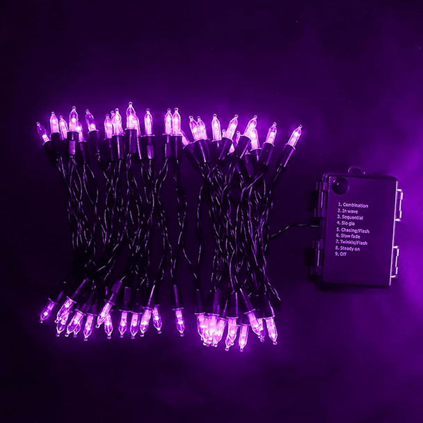 Battery Operated Halloween Lights 2 Pack 18.3Ft 50 LED Purple Mini String Lights 9 Functions Black Wire Purple Halloween Tree Lights for Wreath Crafts Indoor Outdoor Festive Lights
