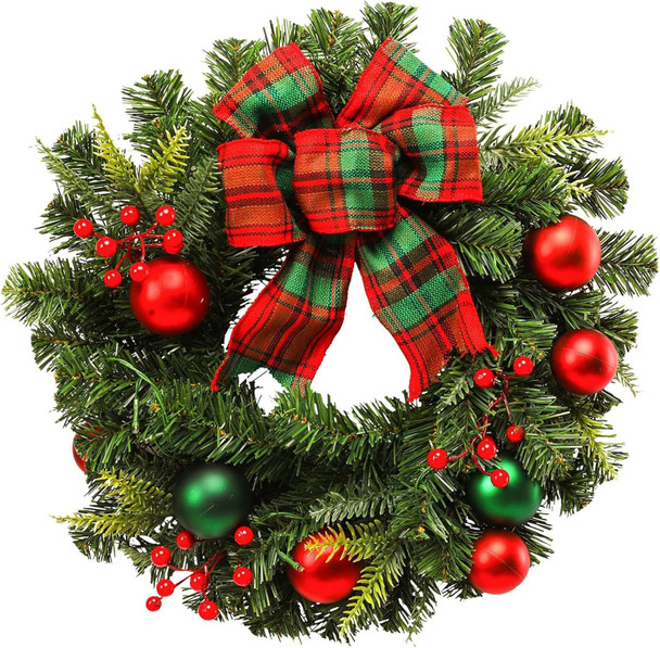 MUMTOP 20 Inch Pre-Lit Christmas Wreath for Front Door with Lights, Large Lighted Christmas Wreath with Red Bowknot for Fireplace Window Outdoor Holiday Home Decoration