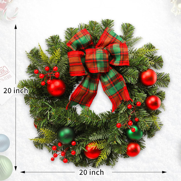 MUMTOP 20 Inch Pre-Lit Christmas Wreath for Front Door with Lights, Large Lighted Christmas Wreath with Red Bowknot for Fireplace Window Outdoor Holiday Home Decoration