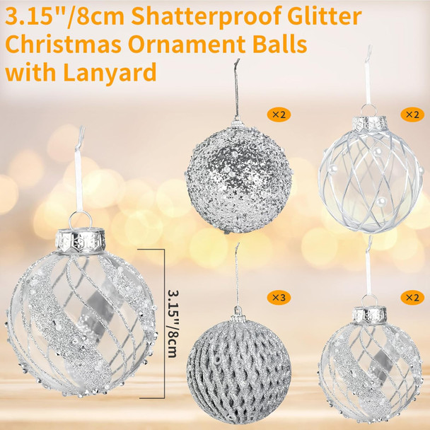 3.15 Inch Christmas Ball Ornaments for Tree - Glitter Shatterproof Christmas Balls Set, 9 Pcs Plastic Pearl Hanging Decoration Balls for Xmas Holiday Wedding Party (3.15" Silver)