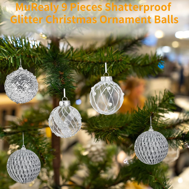 3.15 Inch Christmas Ball Ornaments for Tree - Glitter Shatterproof Christmas Balls Set, 9 Pcs Plastic Pearl Hanging Decoration Balls for Xmas Holiday Wedding Party (3.15" Silver)