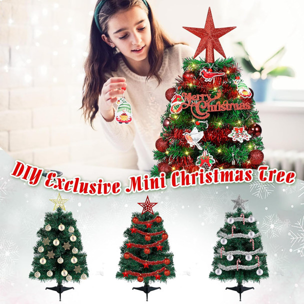 Tabletop Christmas Tree 24-inch Mini Christmas Tree with Red Cardinals Birds & LED String Lights, Star Treetop, Hanging Ornaments, Tabletop Small Xmas Tree for Holiday Indoor DIY Christmas Decor Green