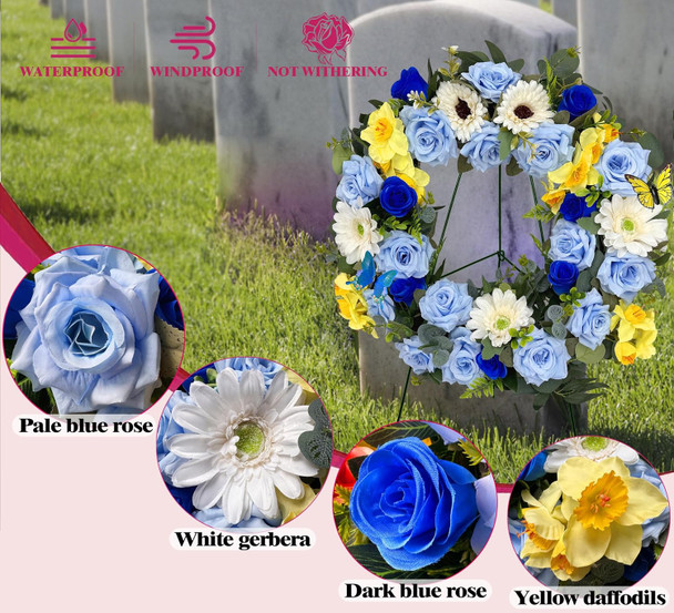 MUVIC Handmade Cemetery Wreath with Grave Holder, Artificial Flower Wreaths for Tombstone Decoration of Memorial Day/Mother's Day/Father's Day/Christmas,Blue,Yellow,White