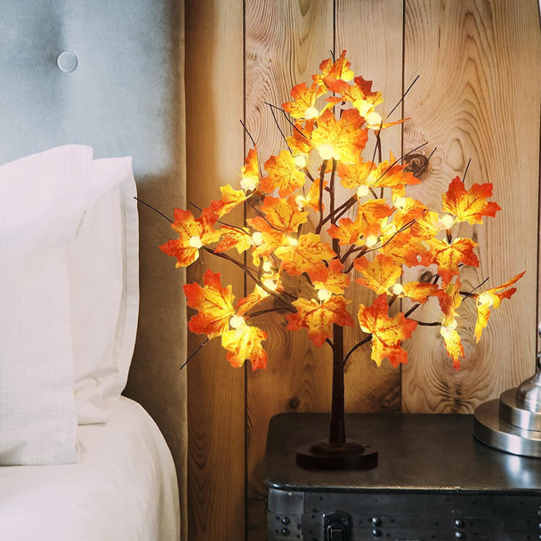 Mycznsyard Maple Tree Light for Fall Thanksgiving Decor 24 LED Lighted Maple Tree with Leaves 2Ft Maple Light up Tree 8 Lighting Mode USB & Battery Operated Home Decoration Holiday Party Ideas