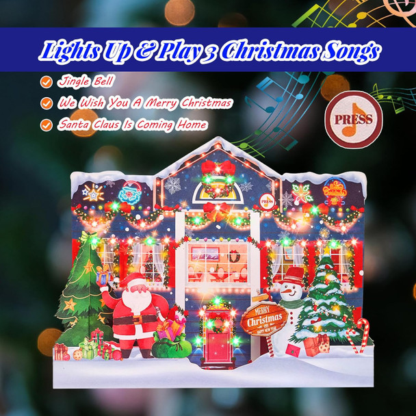 3D Pop Up Christmas Cards with Music & Lights, Animated Christmas Card, Playing 3 Christmas Songs with 3 Matching Lights Blinking Modes (Envelope Included)