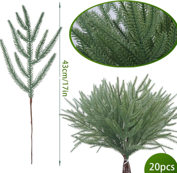20 PCS Christmas Norfolk Pine Picks, 17'' Artificial Norfolk Pine Branches, Artificial Pine Sprigs for DIY Garland Crafts Christmas Embellishing and Home Garden Decoration
