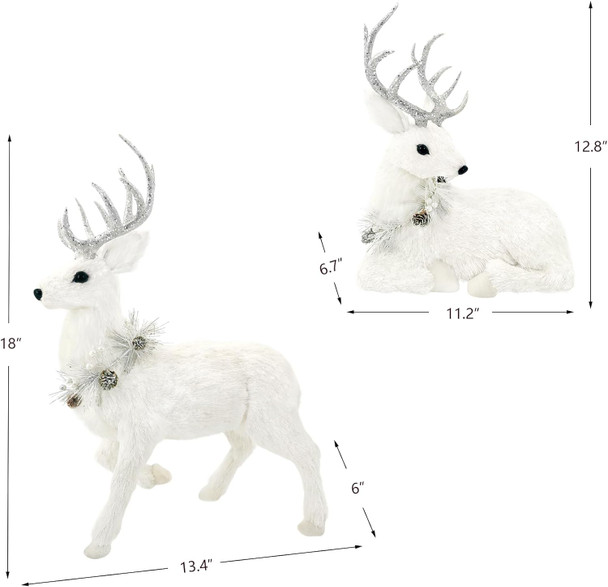 Nature Vibe 18 Inches Sisal Christmas Reindeer Set of 2,Realistic Woodland Animals Reindeer Figurine with Silver Accent for White Christmas Decorations,Centerpiece Table decorations or Fireplace Decor