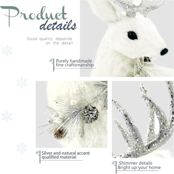 Nature Vibe 18 Inches Sisal Christmas Reindeer Set of 2,Realistic Woodland Animals Reindeer Figurine with Silver Accent for White Christmas Decorations,Centerpiece Table decorations or Fireplace Decor